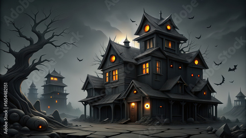 Spooky haunted house stands ominously under dark sky, illuminated by eerie orange lights. Bats fly around, enhancing Halloween atmosphere