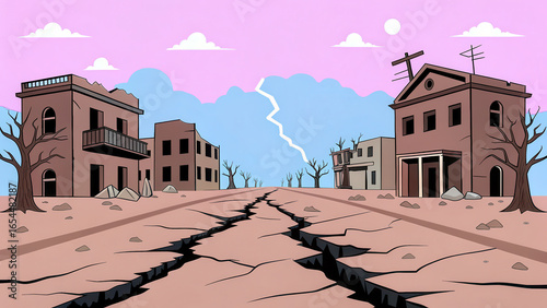 Desolate landscape shows abandoned buildings after quake, with cracked earth and barren trees, evoking sense of loss and devastation