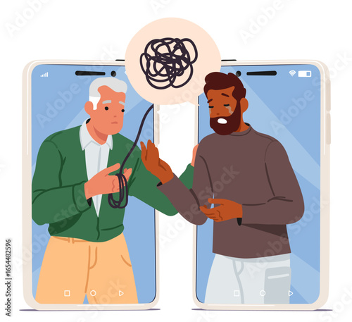 Man psychotherapist supporting stressed male client suffering from depression during online session