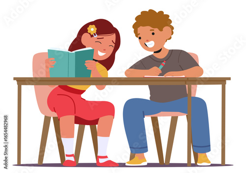 Excited school children doing homework together while sitting at table together isolated on white