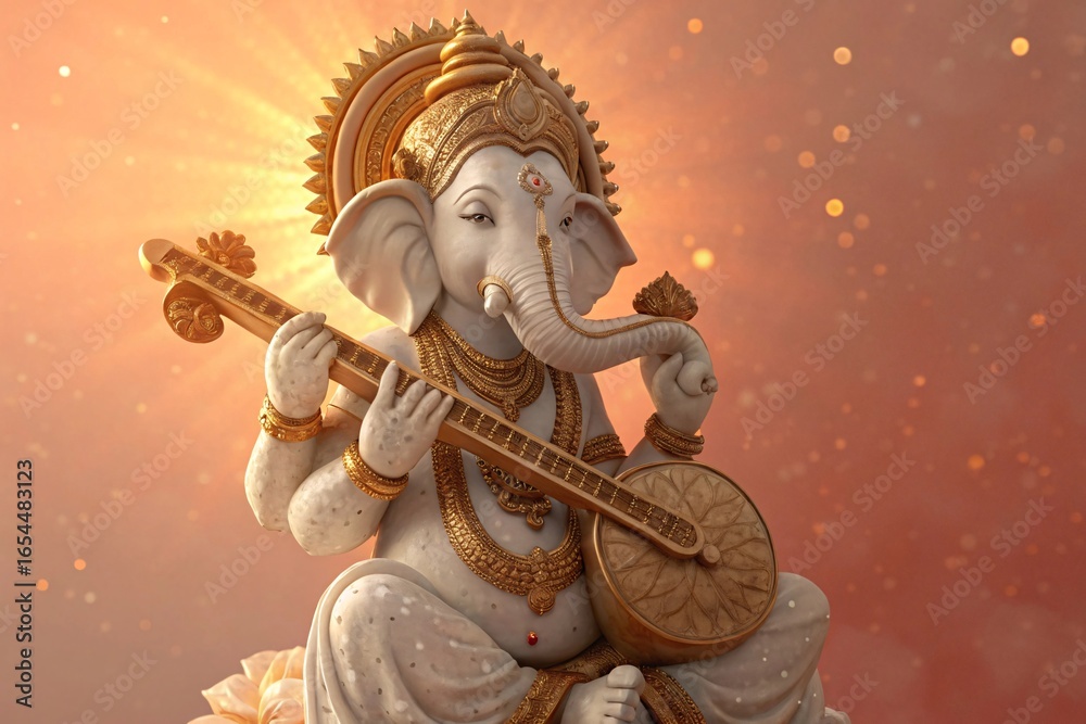 Fototapeta premium Ganesh Chaturthi Celebration A Divine Representation of Lord Ganesha Playing the Veena with Golden Rays and Sparkles
