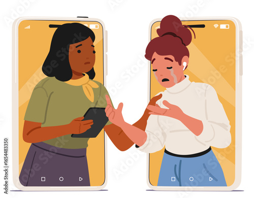 Empathetic psychotherapist supporting crying woman client during online psychotherapy session