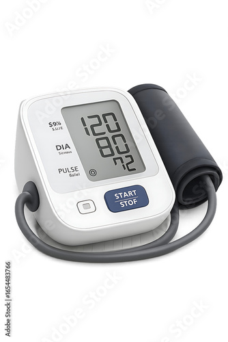 Blood pressure monitor displaying readings with an inflatable cuff ready for use