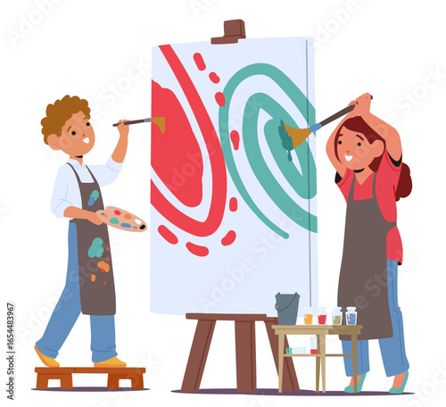 Inspired boy and girl classmates drawing picture with paints spending time together in art class