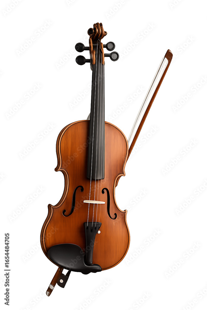 Fototapeta premium Violin resting on a stand with bow nearby in a well-lit indoor space