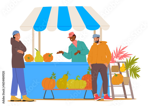 Man farmer offering fresh ripe pumpkin harvest to buy on thanksgiving day autumn holiday scene