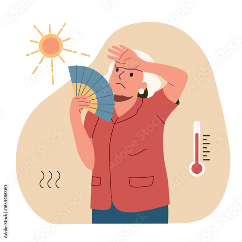 Elderly woman with hand fan covers her face with her hand from the sun. Hot summer weather. Vector cartoon flat style illustration