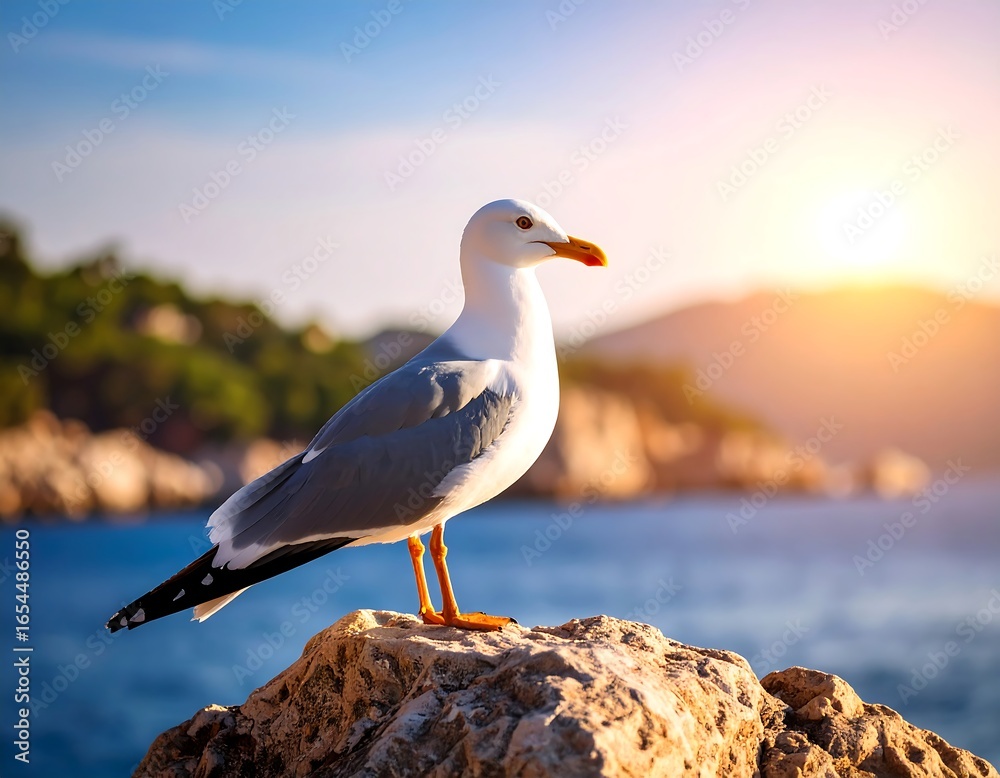Obraz premium Seagull on a rock at sunset