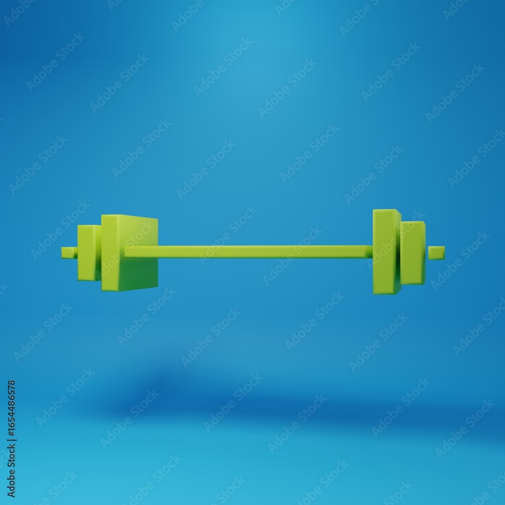 Obraz premium Green Barbell icon isolated on blue background. Muscle lifting icon, fitness barbell, gym, sports equipment, exercise bumbbell. Minimalism concept. 3D render illustration