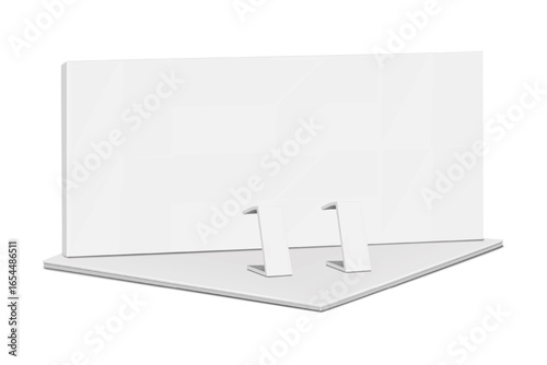 White blank tradeshow booth backdrop banner stand with two portable rostrum tables. Realistic vector mockup. Trade show exhibition display kit. Mock-up. Template for design