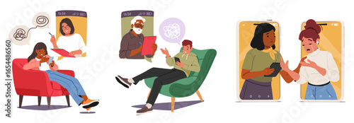 Diverse people characters experiencing online psychotherapy session isolated cartoon scene set