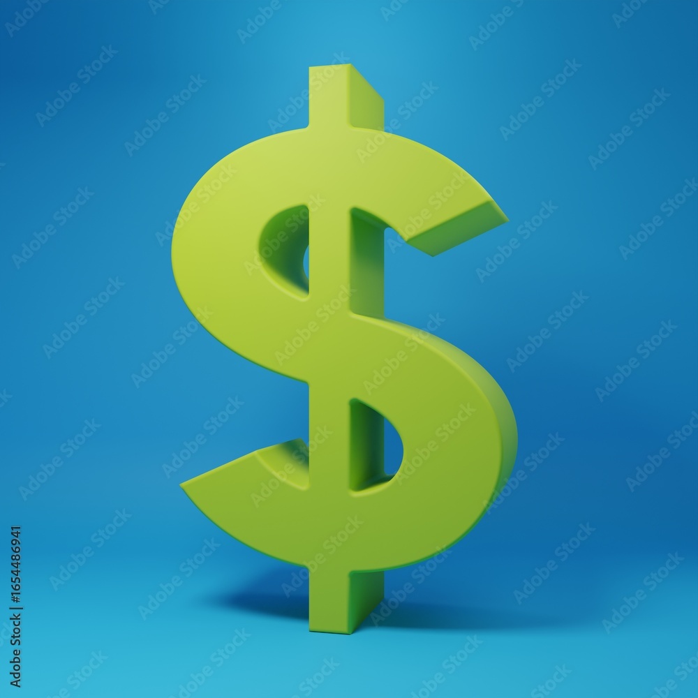 Obraz premium Green Dollar symbol icon isolated on blue background. Cash and money, wealth, payment symbol. Casino gambling. Minimalism concept. 3D render illustration