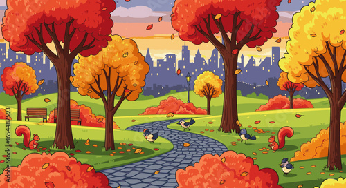 The scene, with falling leaves and a distant cityscape under a bright sky, beautifully captures the peaceful, nostalgic, and wholesome spirit of the fall season.