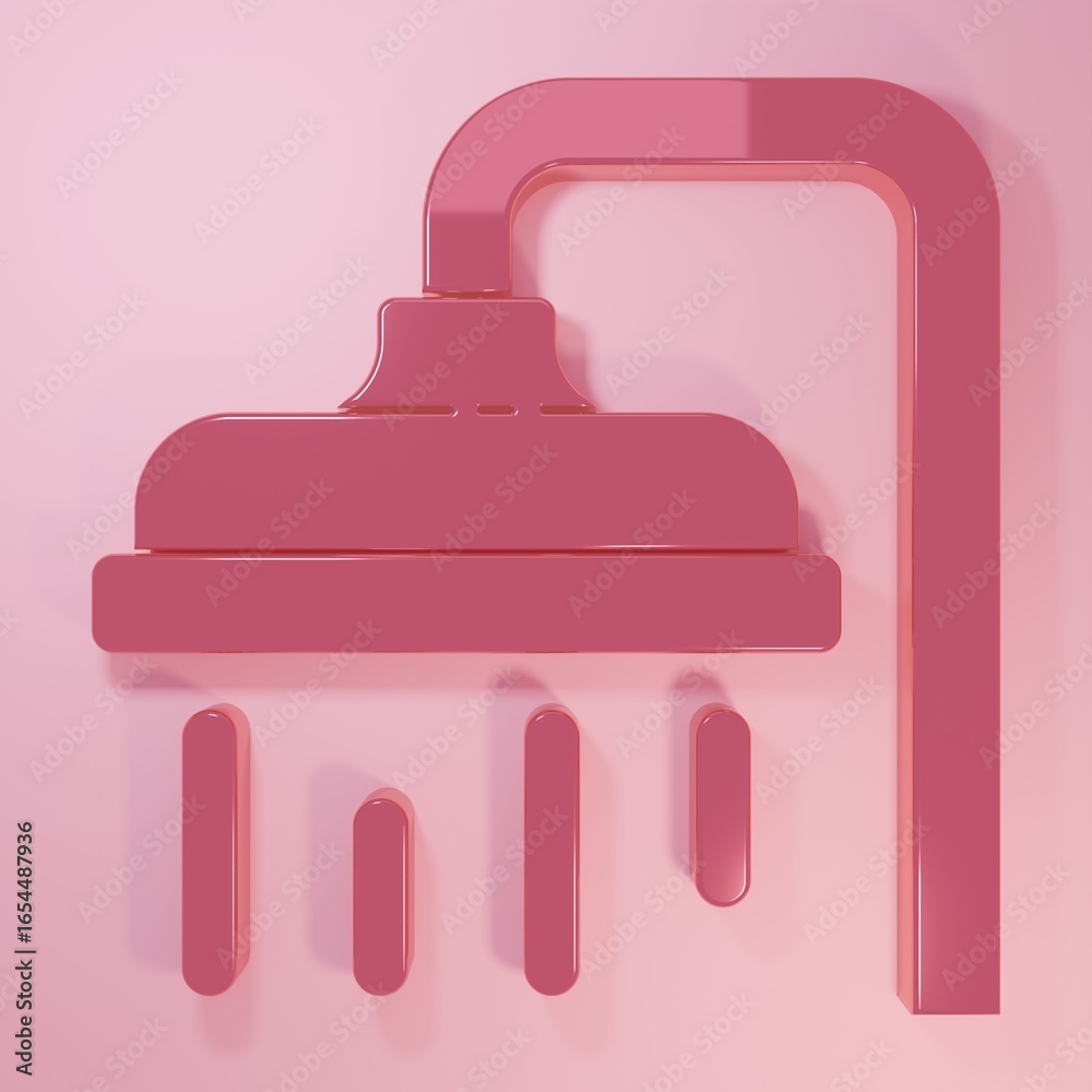 Fototapeta premium Pink Shower head with water drops flowing icon isolated on pink background. Minimalism concept. 3D render illustration