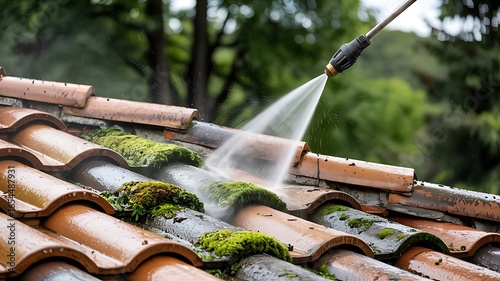 Close up of a high pressure washer spraying water to clean moss and algae from a terracotta tiled roof