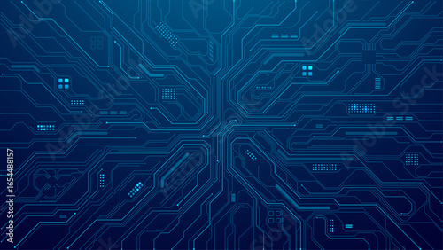 Abstract AI circuit board background. Tech pattern with chipset, semiconductors, and electronics components. Blue computer technology texture on a dark backdrop cover. Digital vector illustration. 