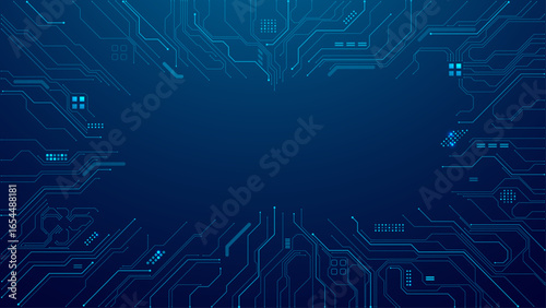Circuit board frame with an empty place in the center on a technology blue background. AI innovation concept. Tech template for web and presentations. Digital vector illustration