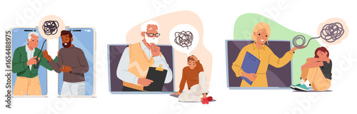 Psychotherapists giving professional psychological help at patient online appointment cartoon set