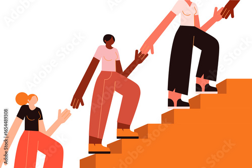 lat vector illustration of diverse women climbing stairs, supporting and helping each other succeed. Symbol of empowerment, solidarity, progress, community, and connection. High resolution PNG