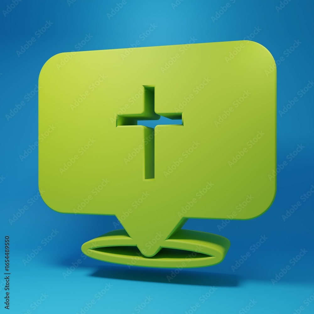 Obraz premium Green Map pin church building icon isolated on blue background. Christian Church. Religion of church. Minimalism concept. 3D render illustration