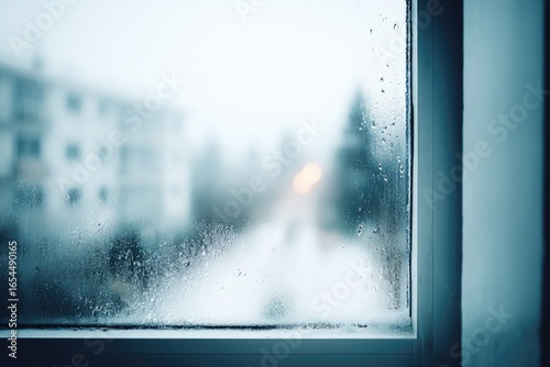 Fogged window, winter scene outside