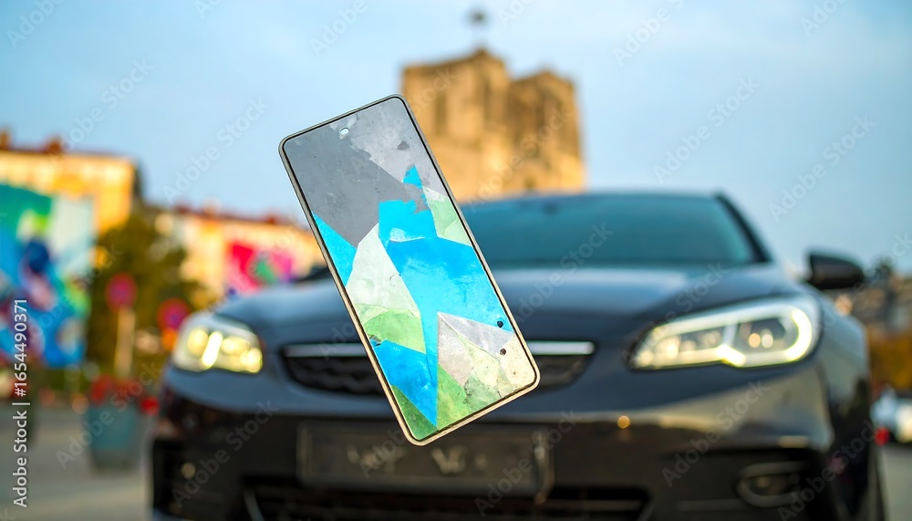 Fototapeta premium Smartphone displayed outdoors with a vibrant abstract design on the screen.