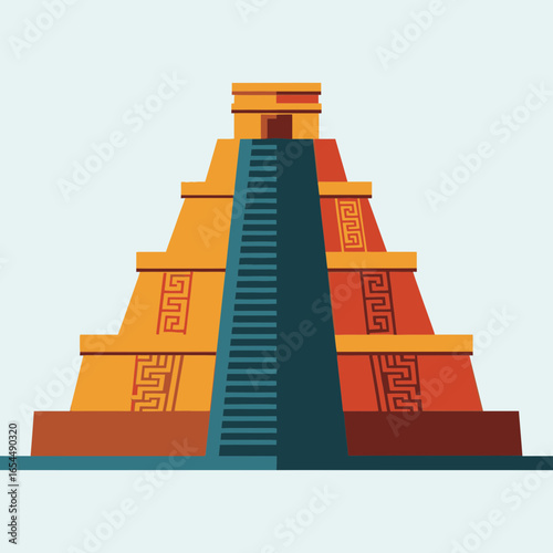 Ancient stone pyramid with steep stairs against a light blue background.