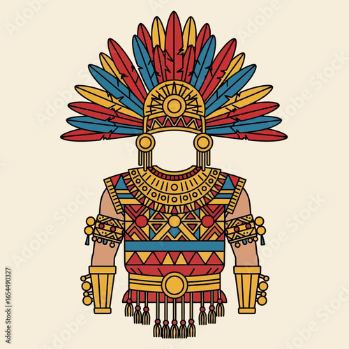 Traditional headdress and ornate clothing of an ancient warrior.