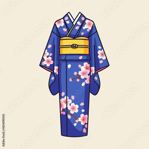 Blue kimono with pink cherry blossoms and yellow obi.