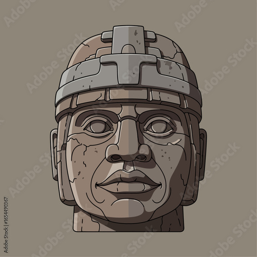Stone head sculpture with helmet against a plain background.