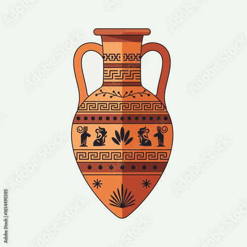Ancient decorated clay pot with two handles on a light background.