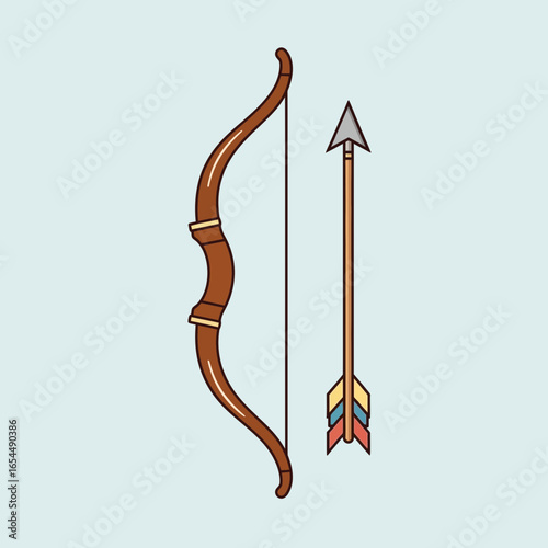Wooden bow and arrow set against a light blue background.
