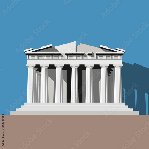 White ancient temple with columns against a blue sky.
