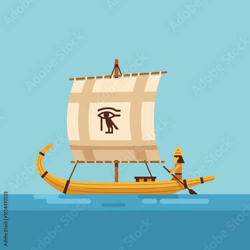 Ancient Egyptian papyrus boat sails on blue water.
