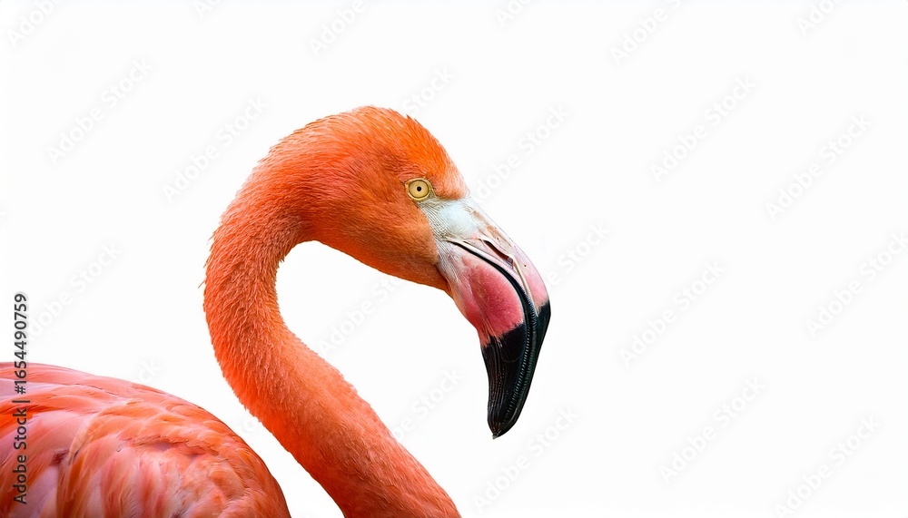 Fototapeta premium A close-up of a flamingo’s head with vibrant orange feathers and striking yellow eyes against a clean white background, capturing the bird’s graceful features and unique beak shape.