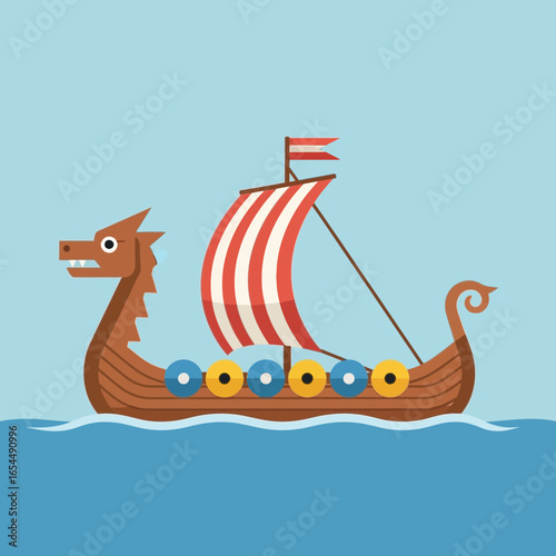 Viking ship with dragon head sails on blue water.