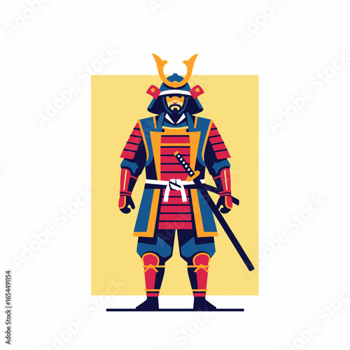 Warrior in traditional armor with sword stands against yellow background.