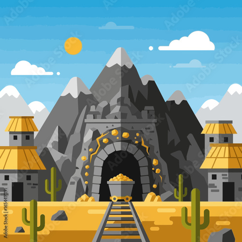 Mine entrance with buildings and desert landscape under sunny sky.