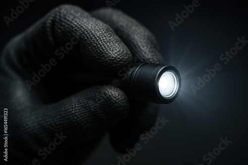Illuminating the Dark: A gloved hand holds a small, powerful flashlight, the beam piercing the darkness, creating a dramatic contrast between light and shadow.