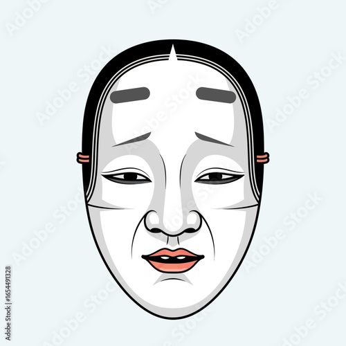 Traditional Japanese Noh theater mask with a pale face and dark hair.