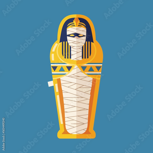 Egyptian mummy in a sarcophagus on a blue background.