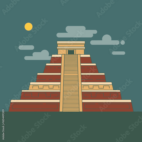 Ancient pyramid structure under a cloudy sky with a sun.
