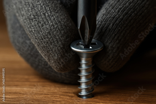  Precision Craft: A close-up shot showcases a gloved hand meticulously tightening a screw with a screwdriver, against a background of a wooden surface, offering a view into the art of craftsmanship. 