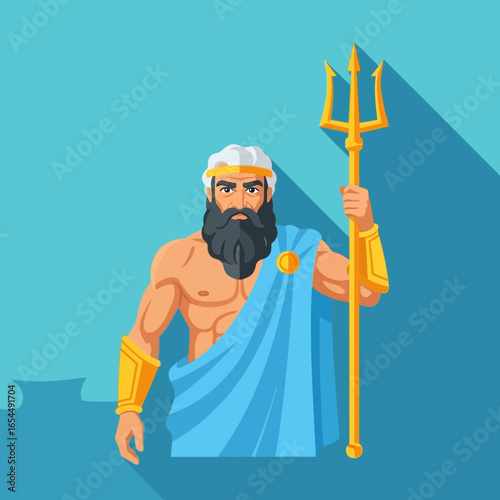 Bearded man with trident and blue toga against blue background.