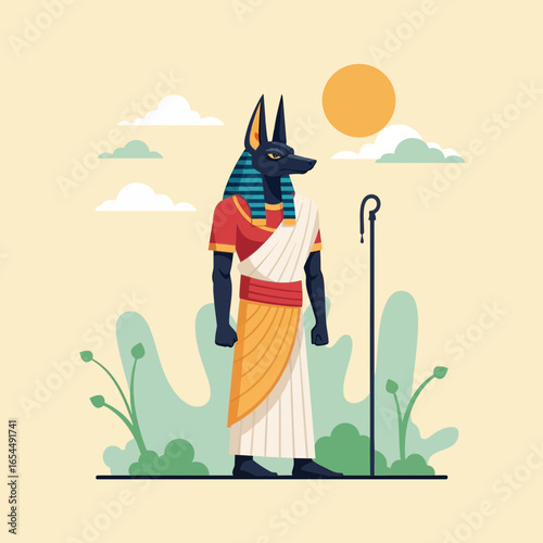 Egyptian jackal-headed deity stands in a stylized landscape.