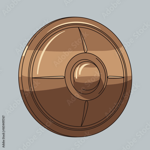 Round bronze shield with central boss and segmented surface.