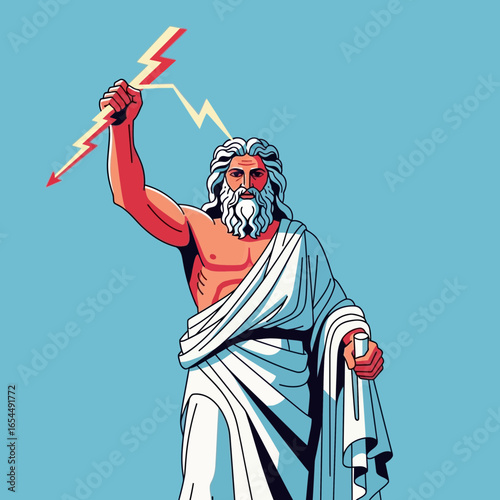 Bearded man in toga holds lightning bolt against blue sky.