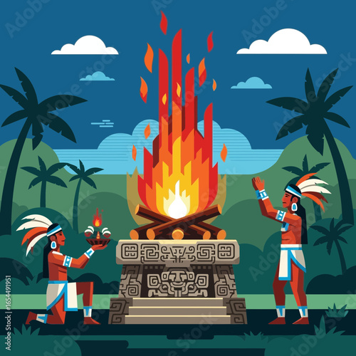 Figures perform ritual fire ceremony in tropical jungle setting.