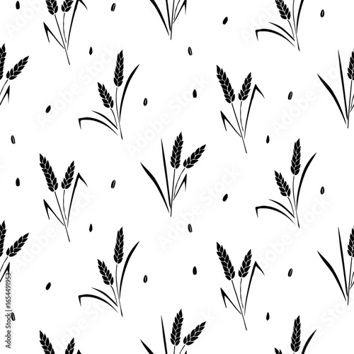 Wheat spikelets and grains, vector seamless pattern in flat style, isolated. Design of print, wrapping paper, packaging on theme of bakery products, flour, harvest, thanksgiving.