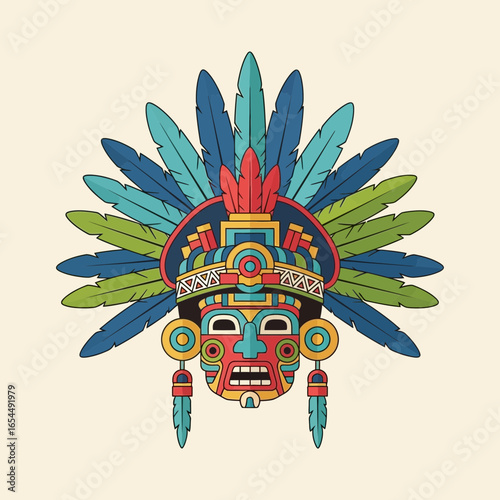 Colorful feathered headdress with a tribal mask design.